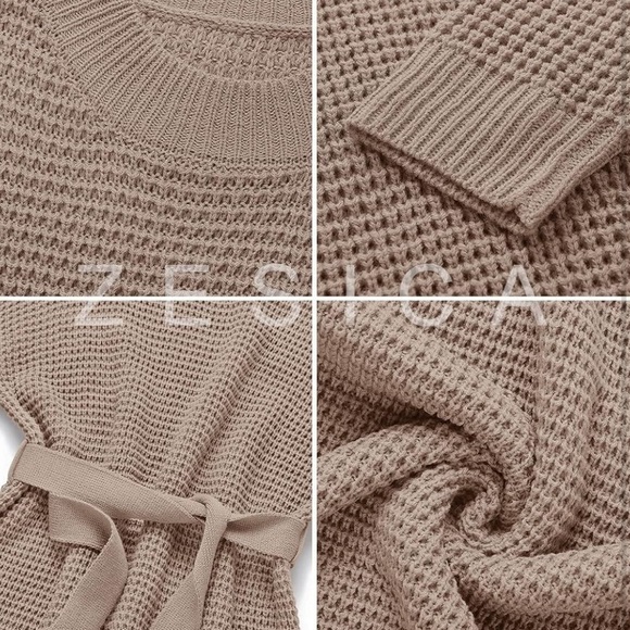 NWT Cozy Waffle Knit Crewneck Sweater Dress with Belt Tan Size Medium - Picture 15 of 15